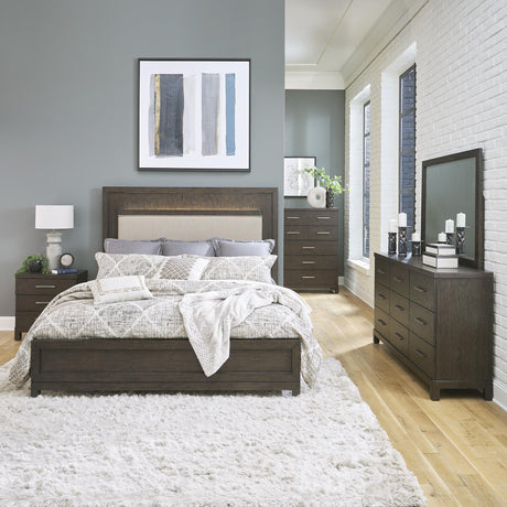 Modern Mix King Uph Bed, Dresser & Mirror, Chest, Nightstand - Furniture World