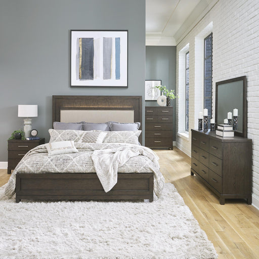 Modern Mix King Uph Bed, Dresser & Mirror, Chest, Nightstand - Furniture World