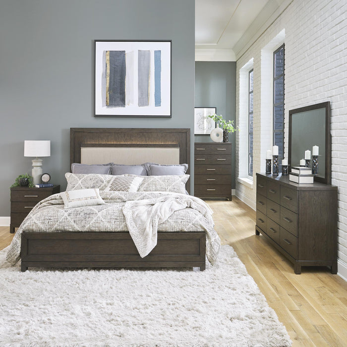 Modern Mix Queen Uph Bed, Dresser & Mirror, Chest, Nightstand - Furniture World