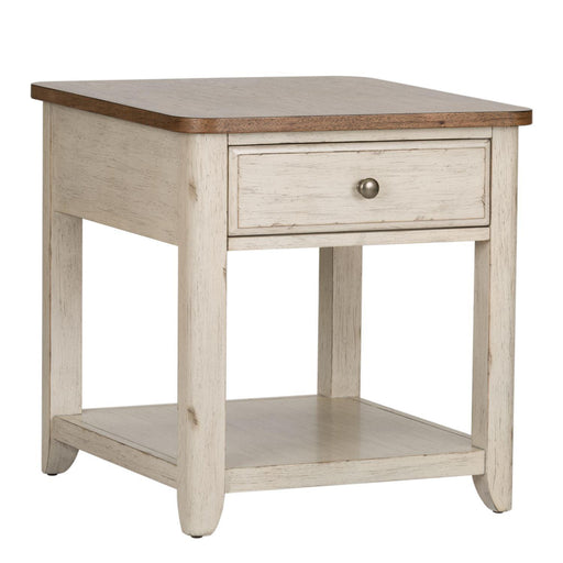 Liberty Farmhouse Reimagined End Table with Basket in Antique White - Furniture World