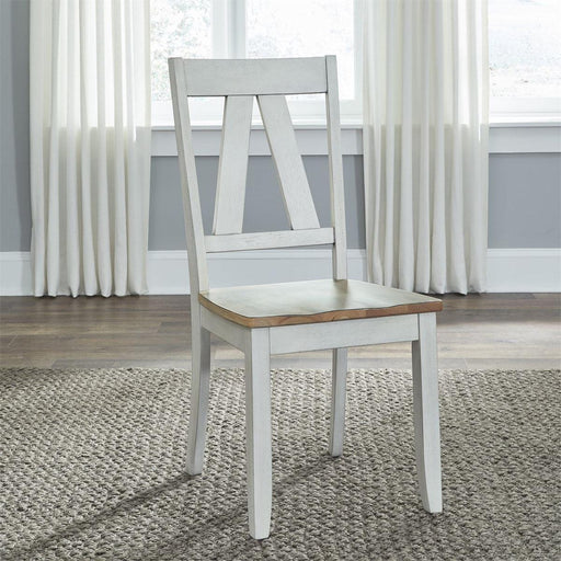 Liberty Furniture Lindsey Farm Splat Back Side Chair (RTA) in Weathered White & Sandstone (Set of 2) - Furniture World