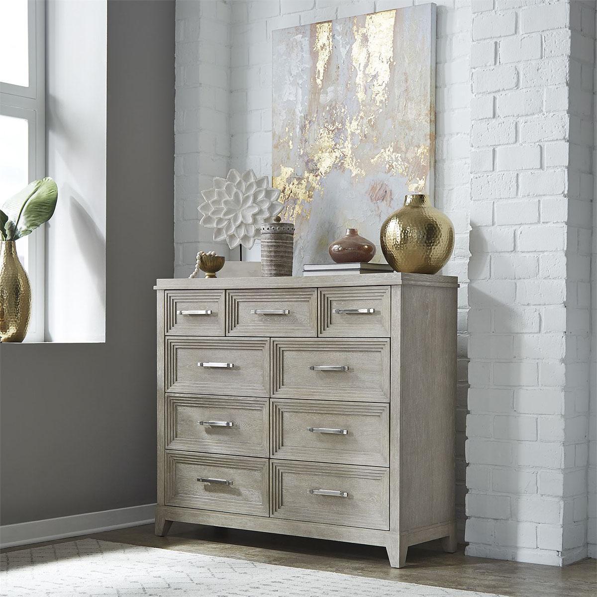Liberty Furniture Belmar 9 Drawer Bureau Dresser in Washed Taupe and Silver Champagne - Furniture World