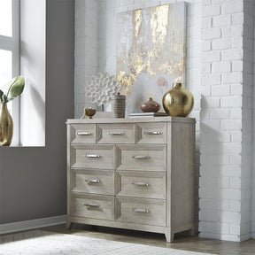 Liberty Furniture Belmar 9 Drawer Bureau Dresser in Washed Taupe and Silver Champagne - Furniture World