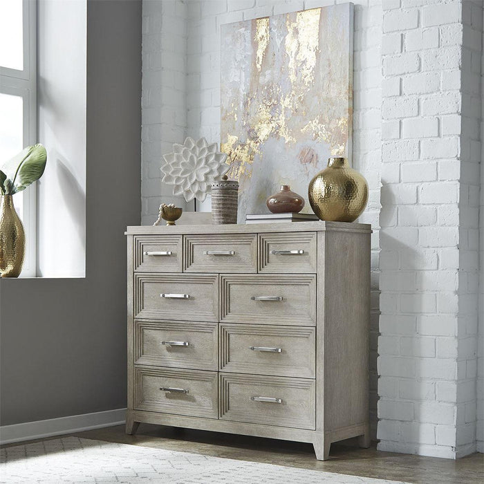Liberty Furniture Belmar 9 Drawer Bureau Dresser in Washed Taupe and Silver Champagne - Furniture World