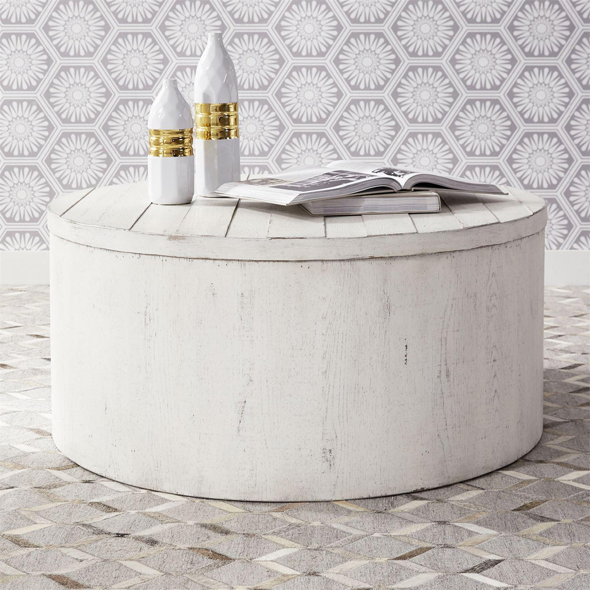 Liberty Modern Farmhouse Drum Cocktail Table in Flea Market White - Furniture World