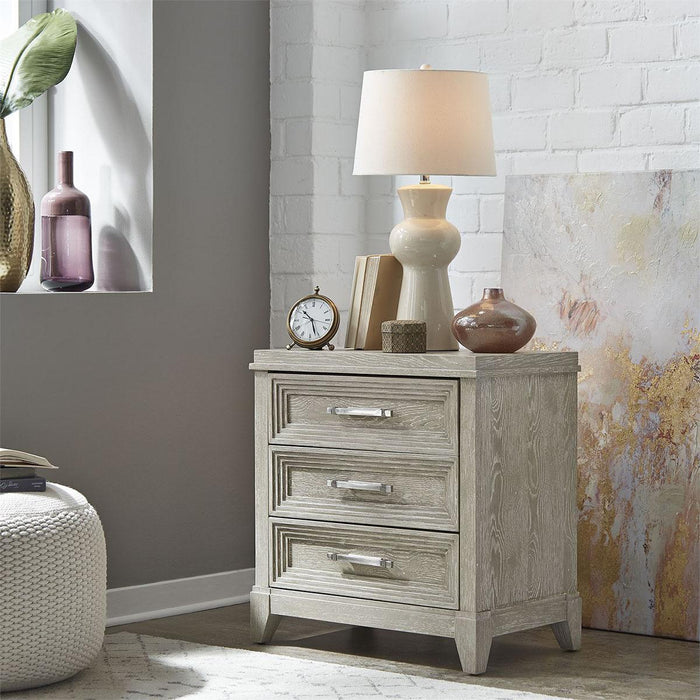 Liberty Furniture Belmar 3 Drawer Nightstand in Washed Taupe and Silver Champagne - Furniture World