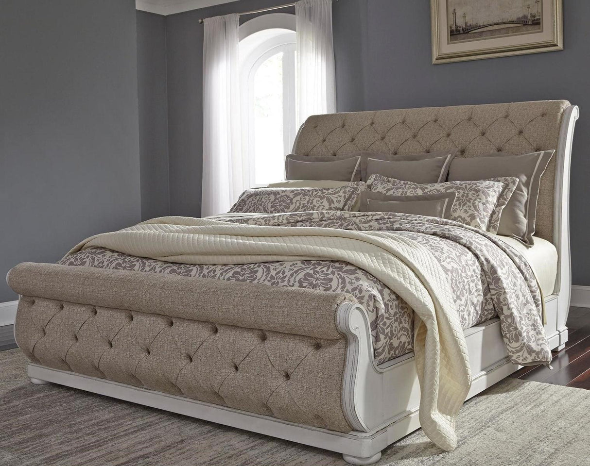Liberty Furniture Abbey Park Upholstered King Sleigh Bed in Antique White - Furniture World