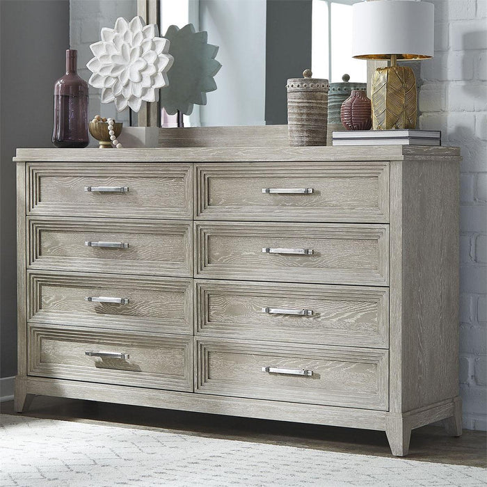 Liberty Furniture Belmar 8 Drawer Dresser in Washed Taupe and Silver Champagne - Furniture World