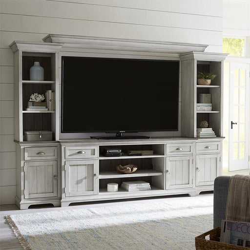 Liberty Furniture Ocean Isle Entertainment Center with Piers in Antique White with Weathered Pine - Furniture World