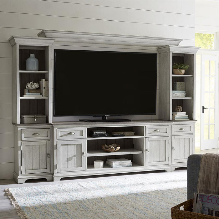 Liberty Furniture Ocean Isle Entertainment Center with Piers in Antique White with Weathered Pine - Furniture World