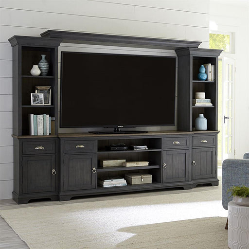 Liberty Furniture Ocean Isle Entertainment Center with Piers in Slate with Weathered Pine - Furniture World