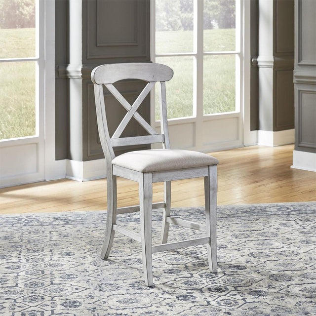 Liberty Furniture Ocean Isle Upholstered X Back Counter Chair (RTA) in Antique White with Weathered Pine (Set of 2) - Furniture World