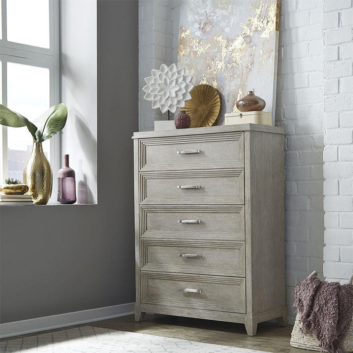 Liberty Furniture Belmar 5 Drawer Chest in Washed Taupe and Silver Champagne - Furniture World