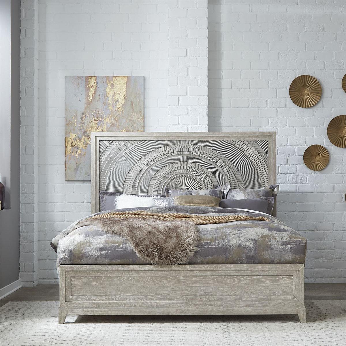 Liberty Furniture Belmar Queen Panel Bed in Washed Taupe and Silver Champagne - Furniture World