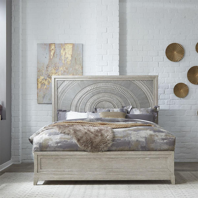 Liberty Furniture Belmar Queen Panel Bed in Washed Taupe and Silver Champagne - Furniture World