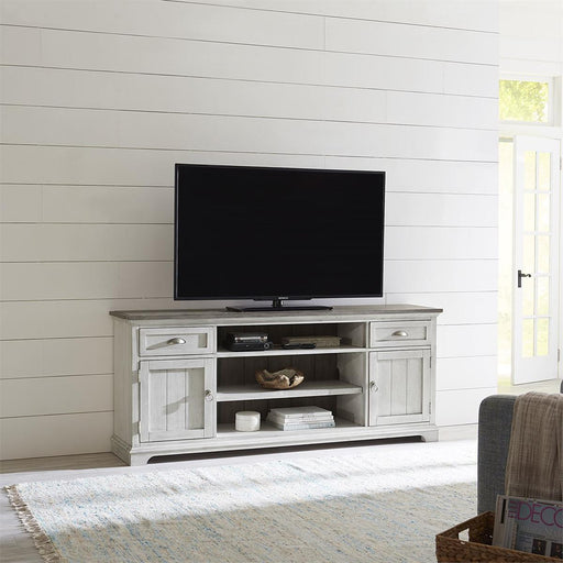 Liberty Furniture Ocean Isle 72 Inch Entertainment TV Stand in Antique White with Weathered Pine - Furniture World