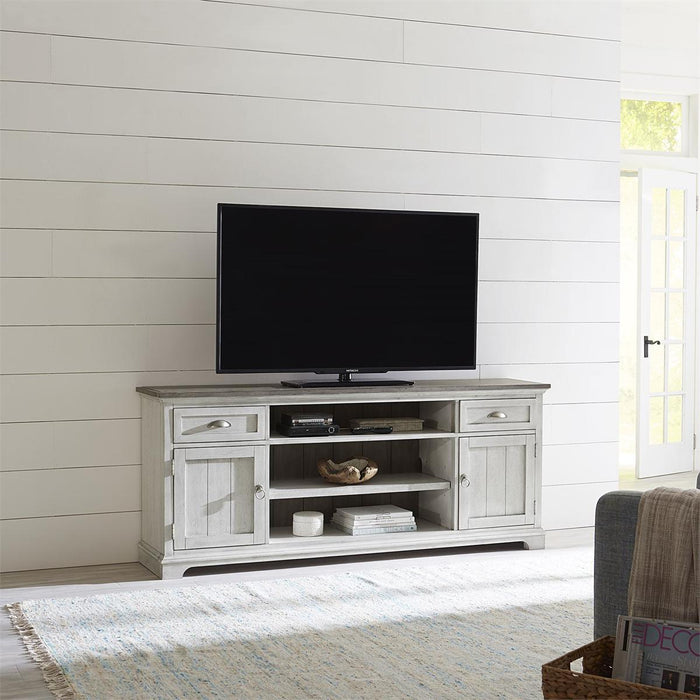 Liberty Furniture Ocean Isle 72 Inch Entertainment TV Stand in Antique White with Weathered Pine - Furniture World