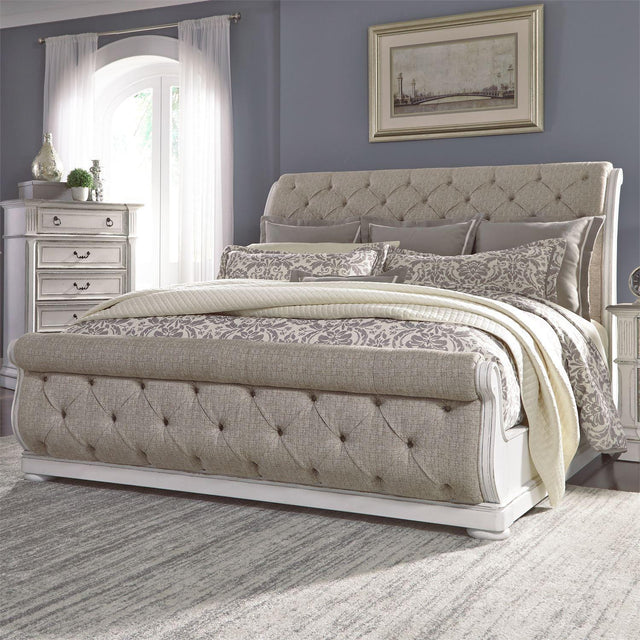 Liberty Magnolia Manor King Upholstered Sleigh Bed in Antique White - Furniture World