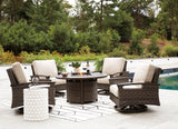 Paradise Trail Paradise Trail Fire Pit Table with 4 Nuvella Swivel Lounge Chairs - Furniture World