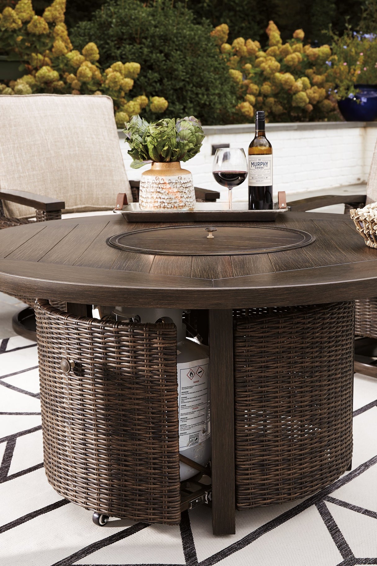 Paradise Trail Paradise Trail Fire Pit Table with 4 Nuvella Swivel Lounge Chairs - Furniture World